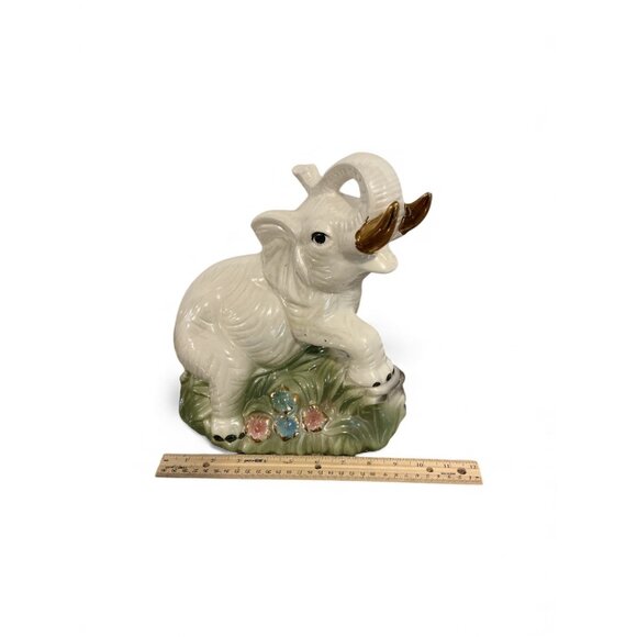 Vintage Ceramic Elephant Figurine With Gold-Tone Tusks On Grass & Flowers 11" x - Picture 3 of 7